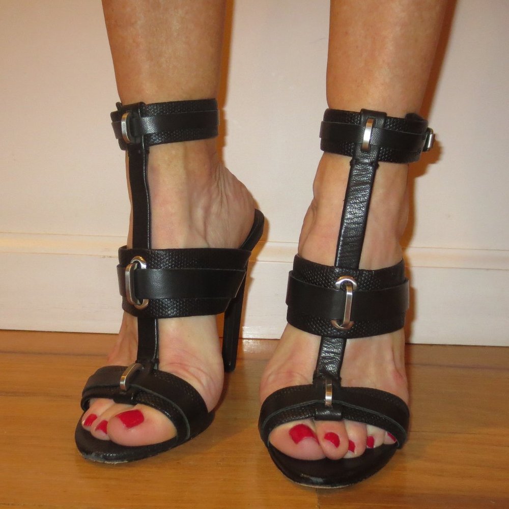 L.A.M.B. Black Leather Wide Strap High Heel Sexy Sandal